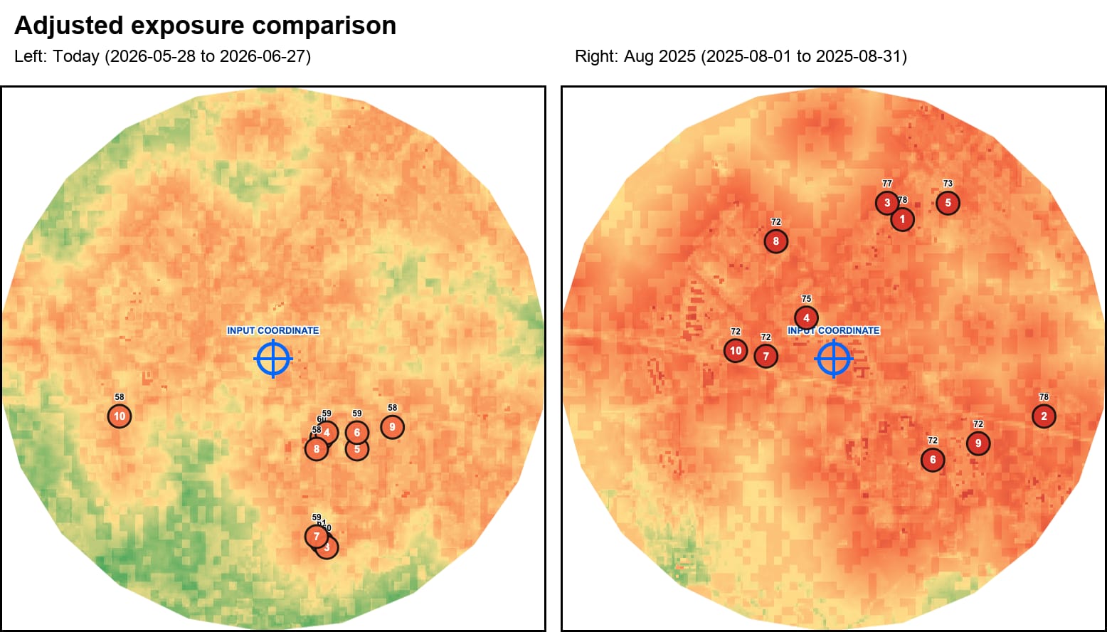 Adjusted exposure comparison showing model-prioritized mosquito inspection points