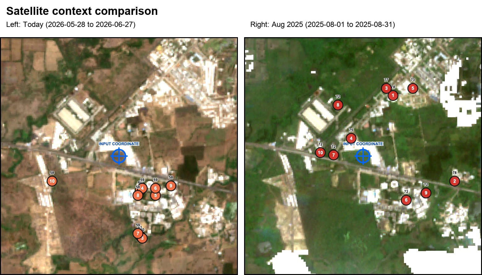 Satellite context comparison from the Saptrishi GeoAI vector surveillance prototype